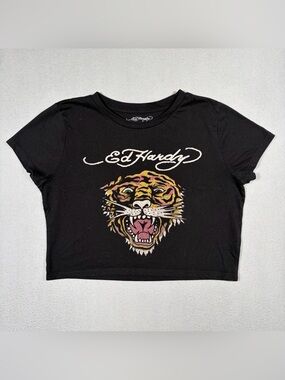 Ed Hardy Crop Top Women’s X-Large Black Tiger Graphic Y2K Style Tattoo Grunge